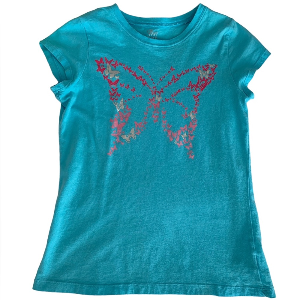 Children’s Place Shirt Girl L 10-12 Blue Short Cap Sleeves Lightweight Butterfly